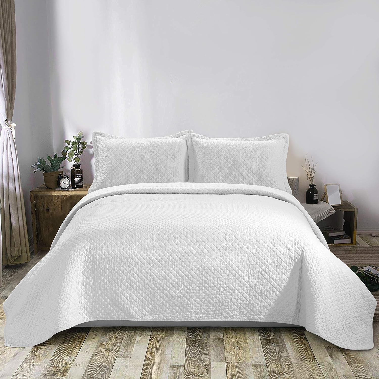 Chezmoi Avon 2-Piece Diamond Stitch Quilt Set Twin White 1