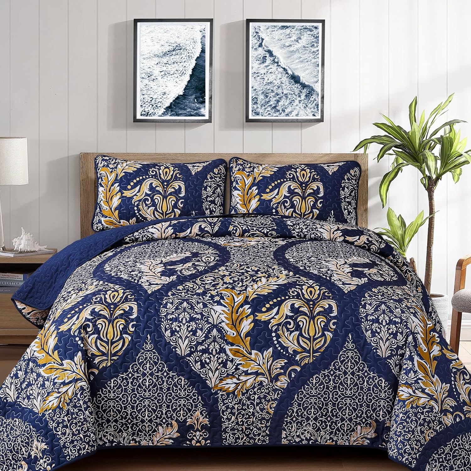 Navy Damask Quilt Set King 3Pcs Microfiber