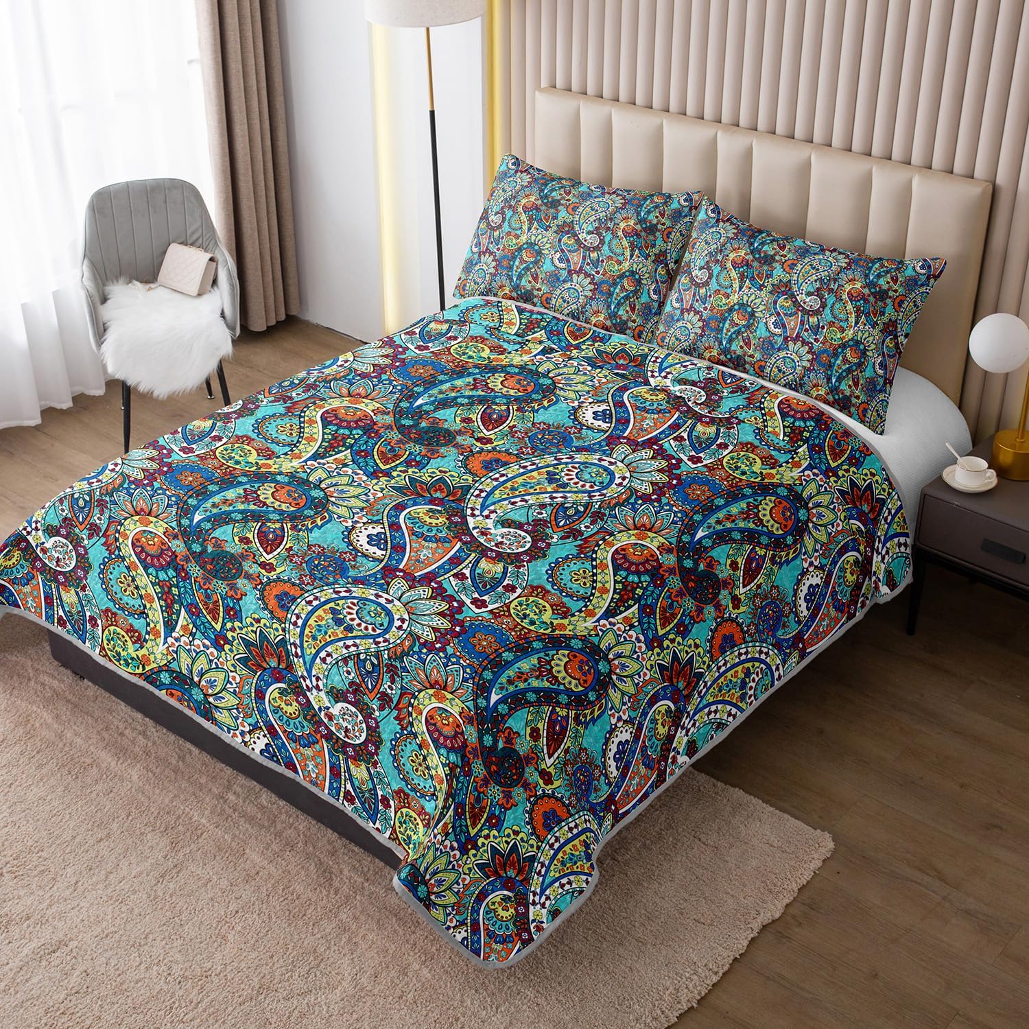 Boho Style King Quilt Set with 2 Pillowcases