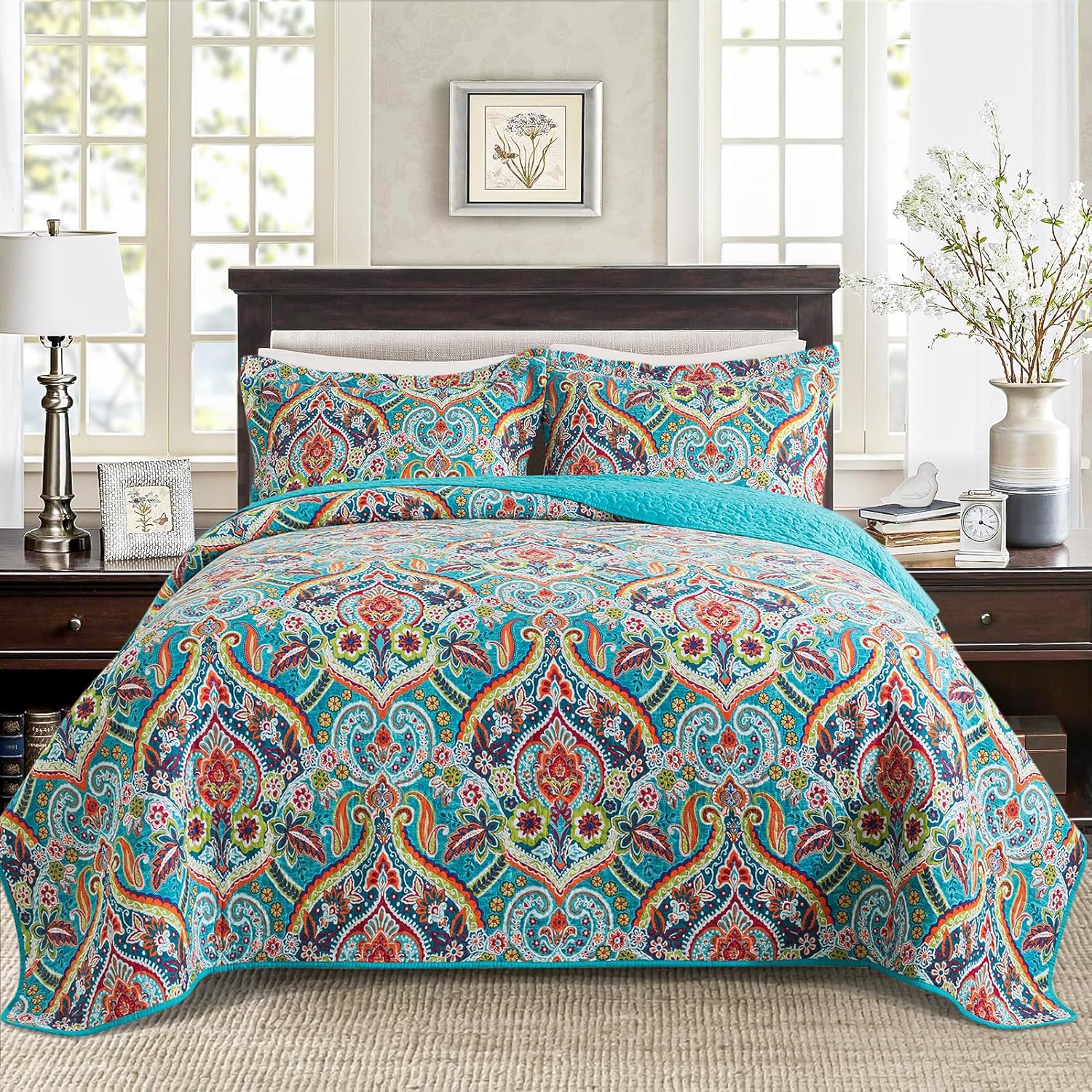 BEDISELY Queen Size Quilt Set - Teal Damask Reversible Bedspread Blanks