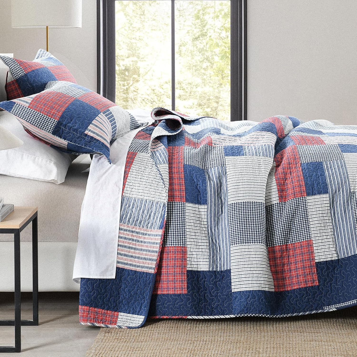 SahSahCasa King Quilt Set 3Pcs Blue Red White 1