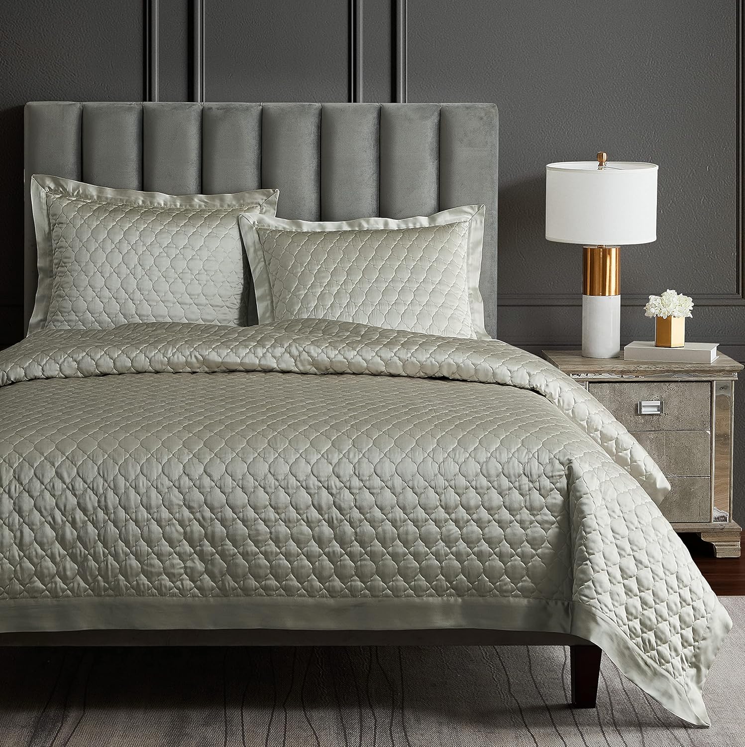 HiEnd Accents Satin Quatrefoil Quilt Set 3 Piece Super Queen Size