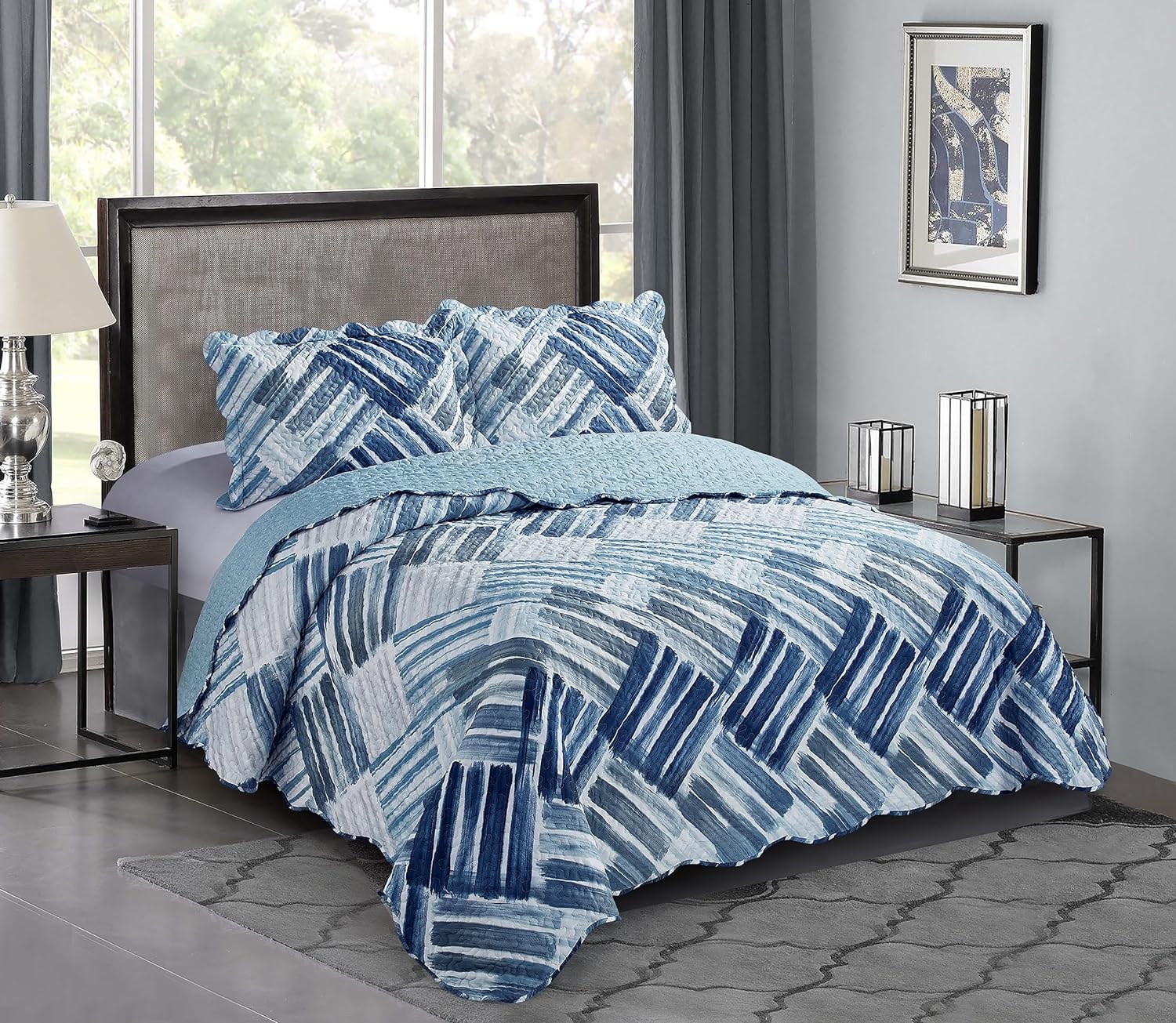 Brilliant Sunshine Blue Grey Stripe Quilt Set 3-Piece 1