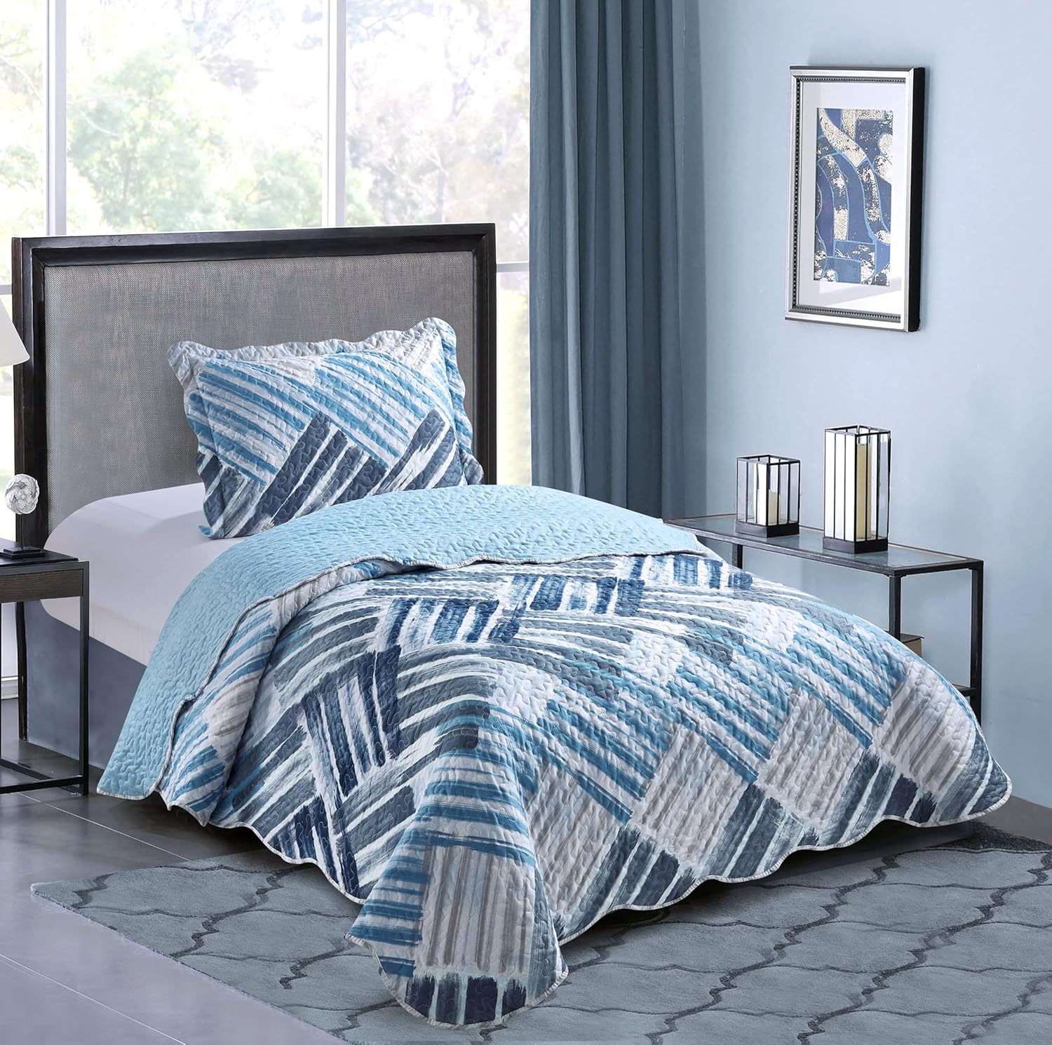 Brilliant Sunshine Blue Grey Stripe Quilt Set Twin 2-Piece with Sham