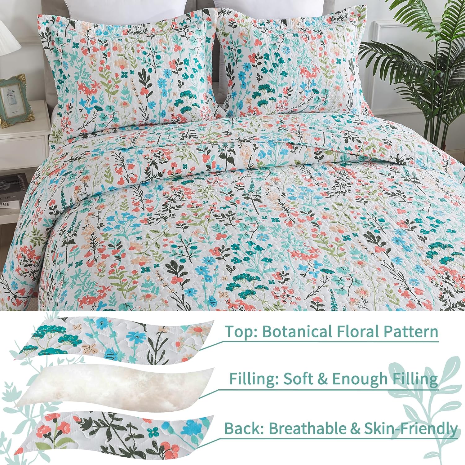 VAPUTAR Botanical King Size Quilt Set 3 Piece