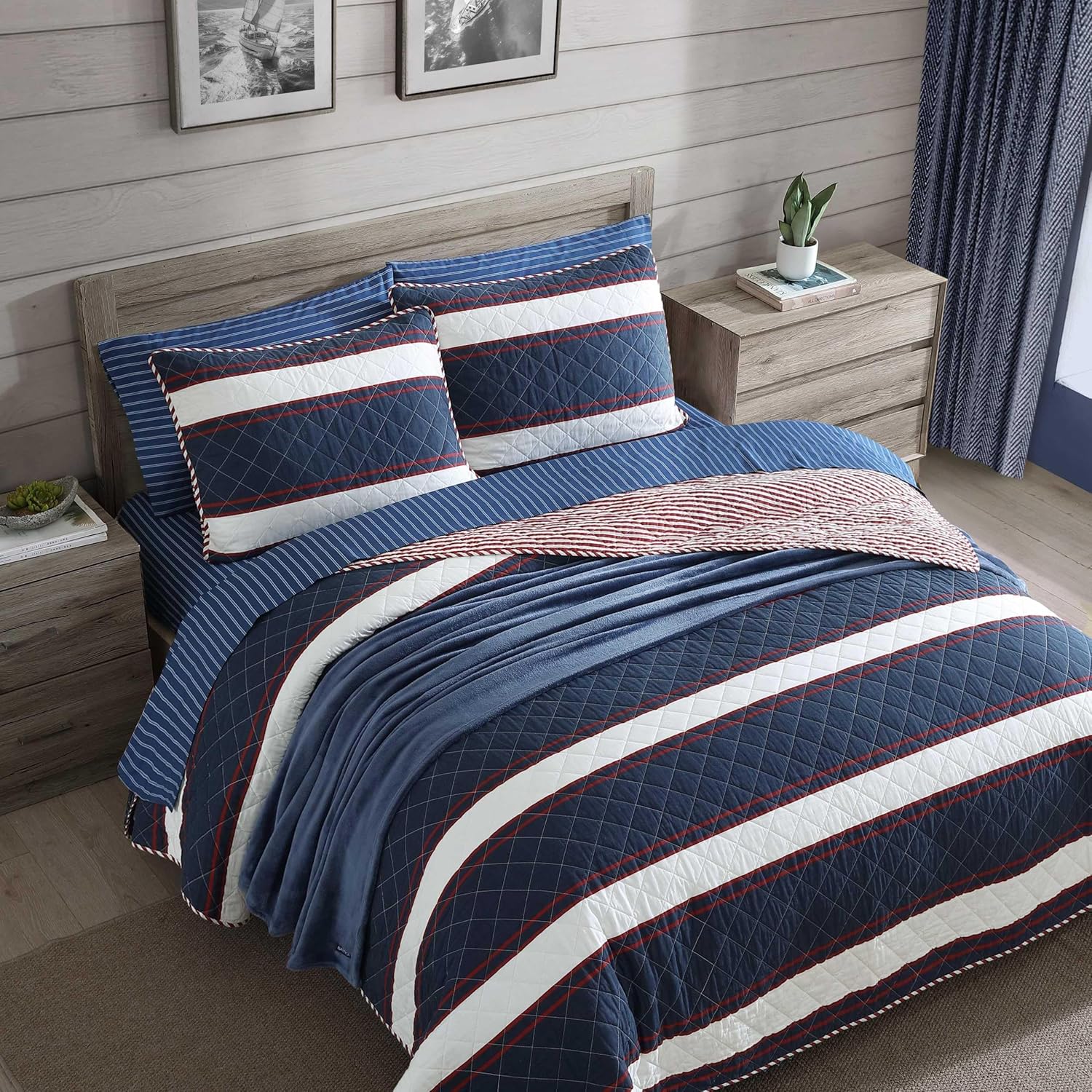 Nautica Twin Quilt Set with Reversible Striped Design