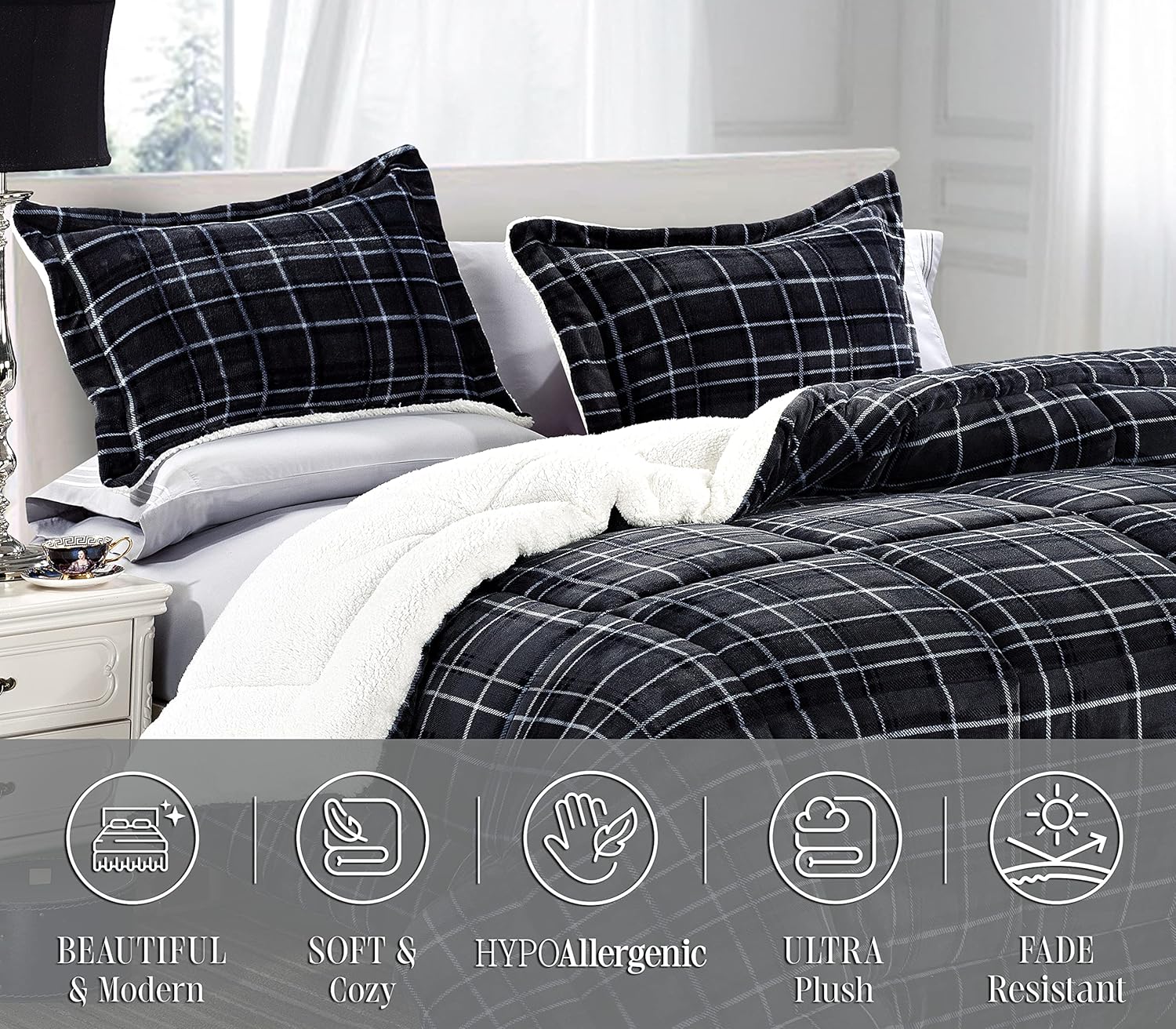 Elegant Comfort Lilith Plaid Comforter Set - Twin XL Charcoal Black