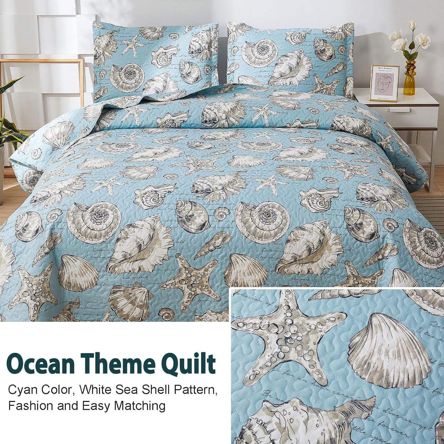 Junsey Ocean Theme Quilt Set 3Pcs Lightweight Reversible