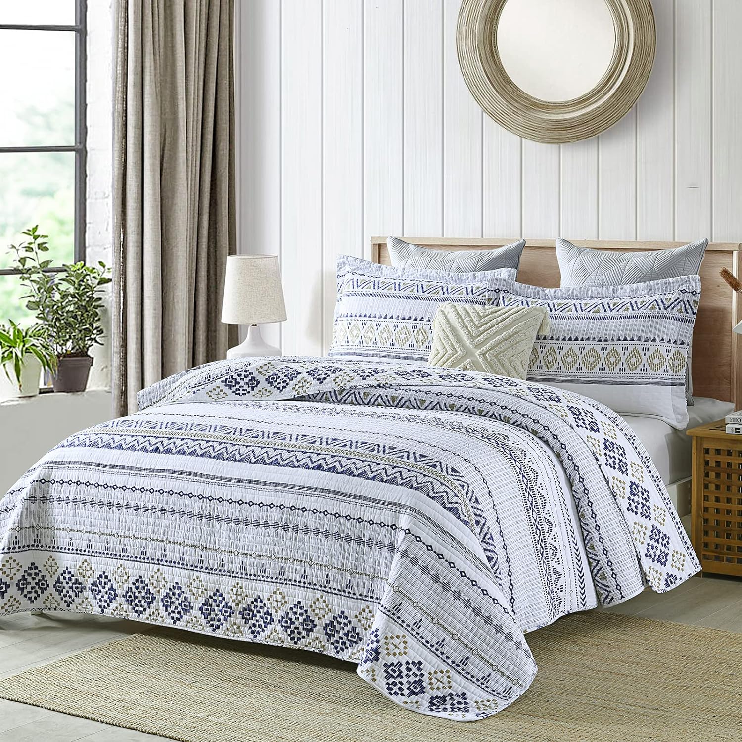 Finlonte Boho Quilt Set Queen Size 3 PCS White Navy Striped