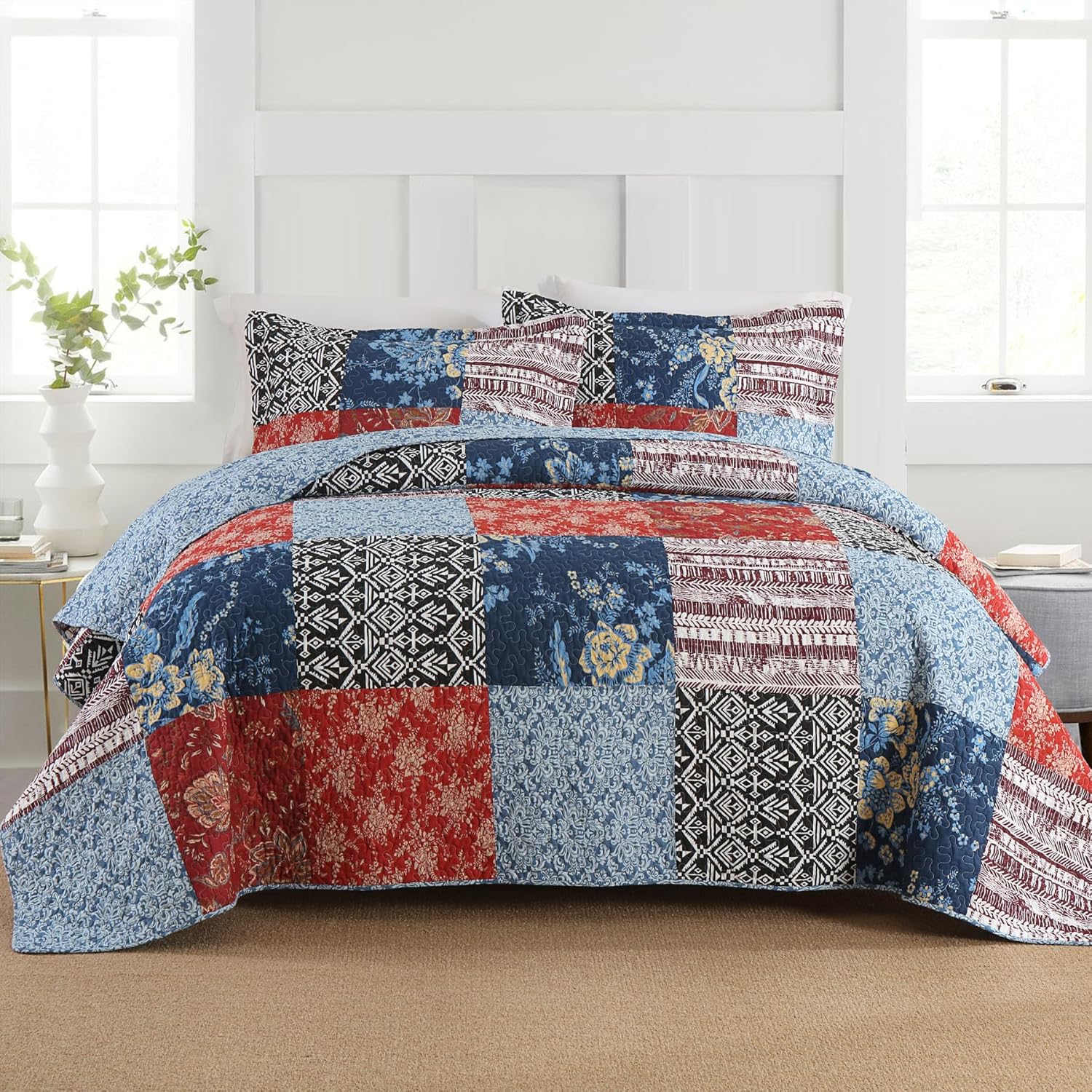 Secgo Twin Comforter Set - 100 Cotton Quilts Black Bedspread with Pillow Shams