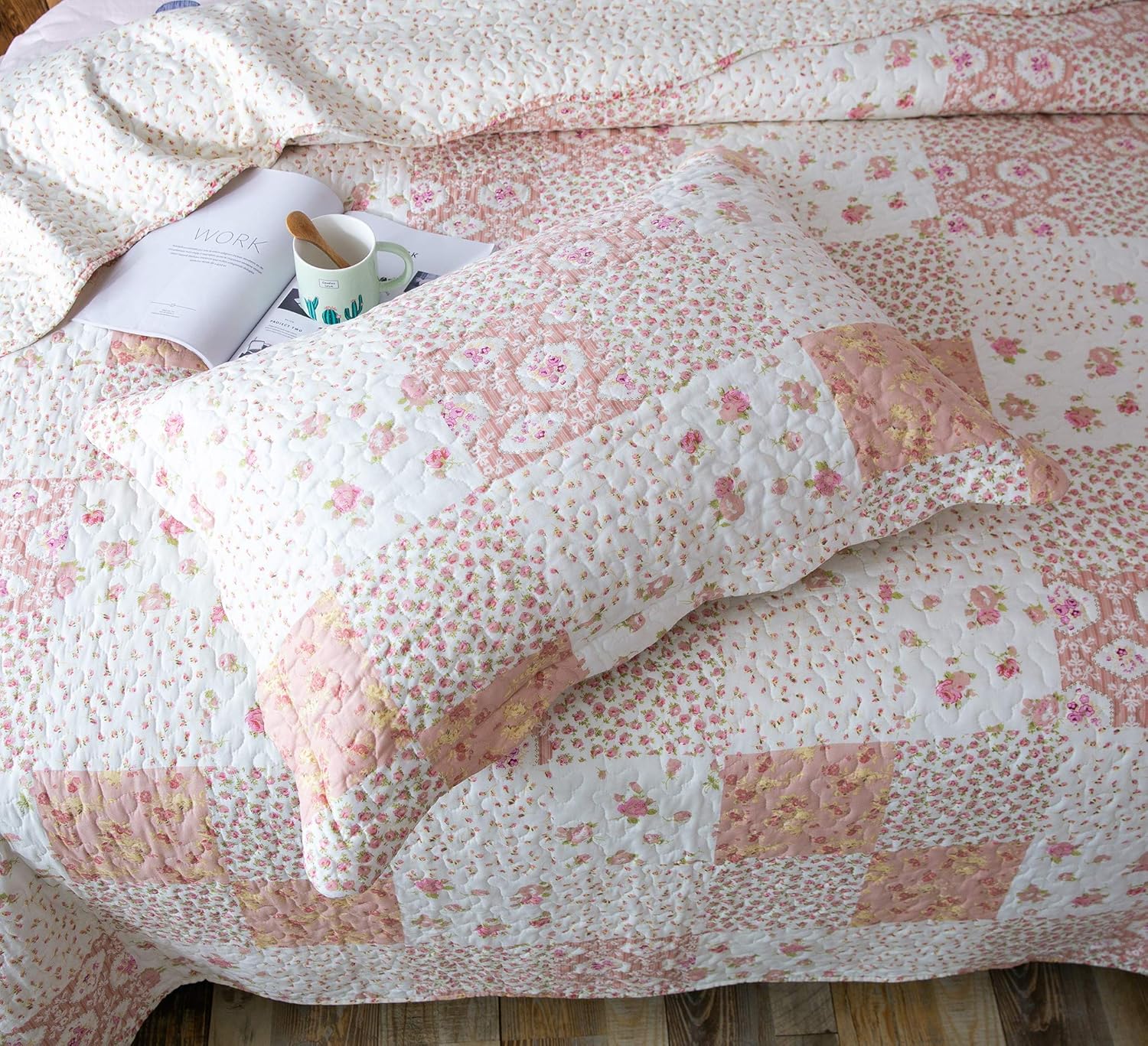 KASENTEX Twin Quilt Set 86x68 Pink Floral Patchwork
