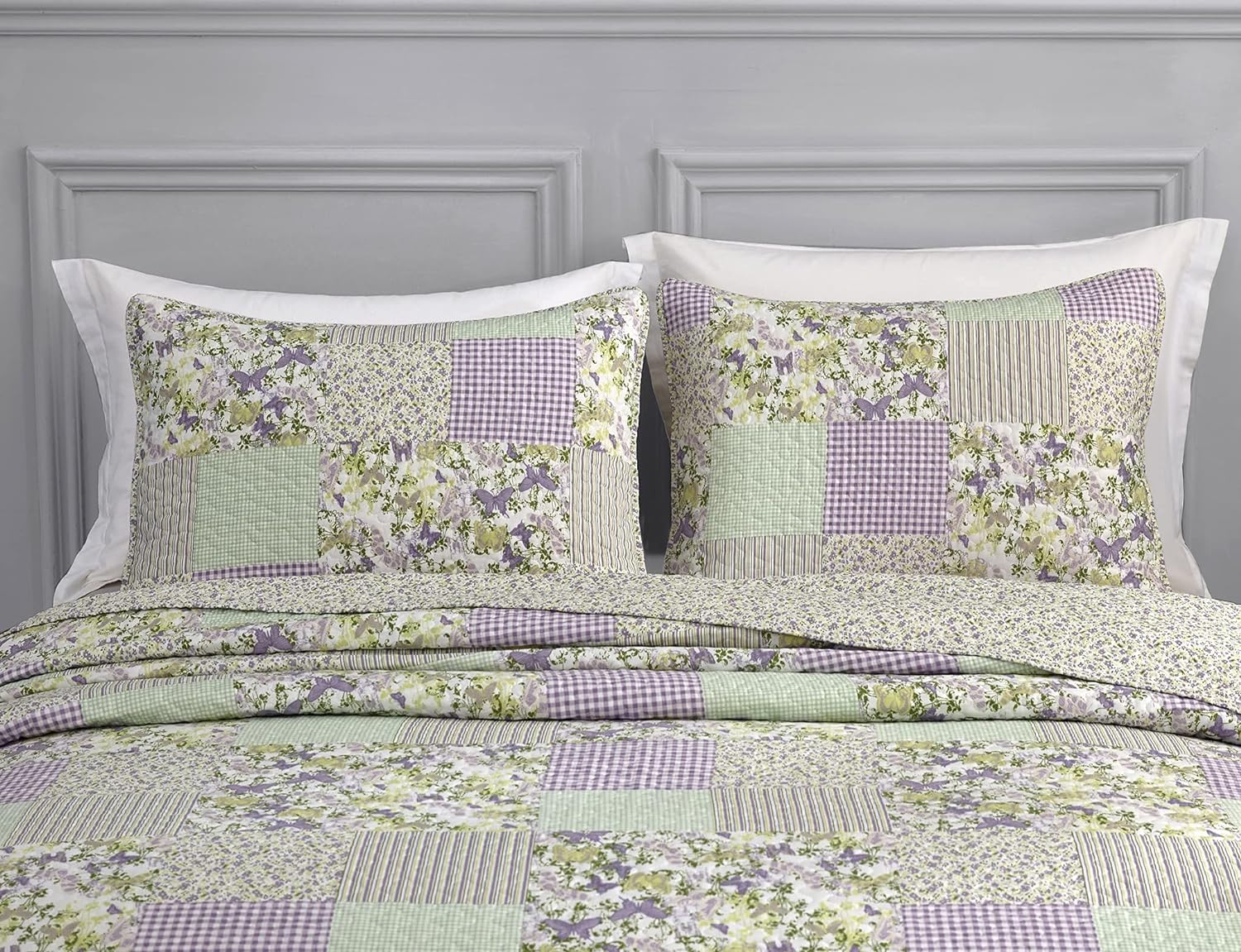 Chezmoi Collection Daisy 3-Piece Quilt Set - Purple Butterfly Botanical Design