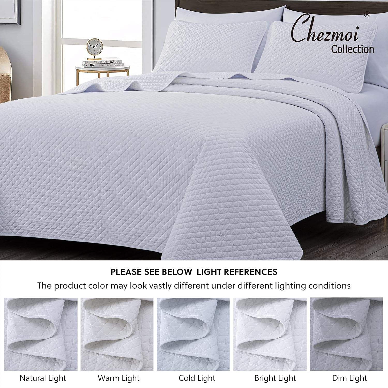 Chezmoi Avon 2-Piece Diamond Stitch Quilt Set Twin White 1