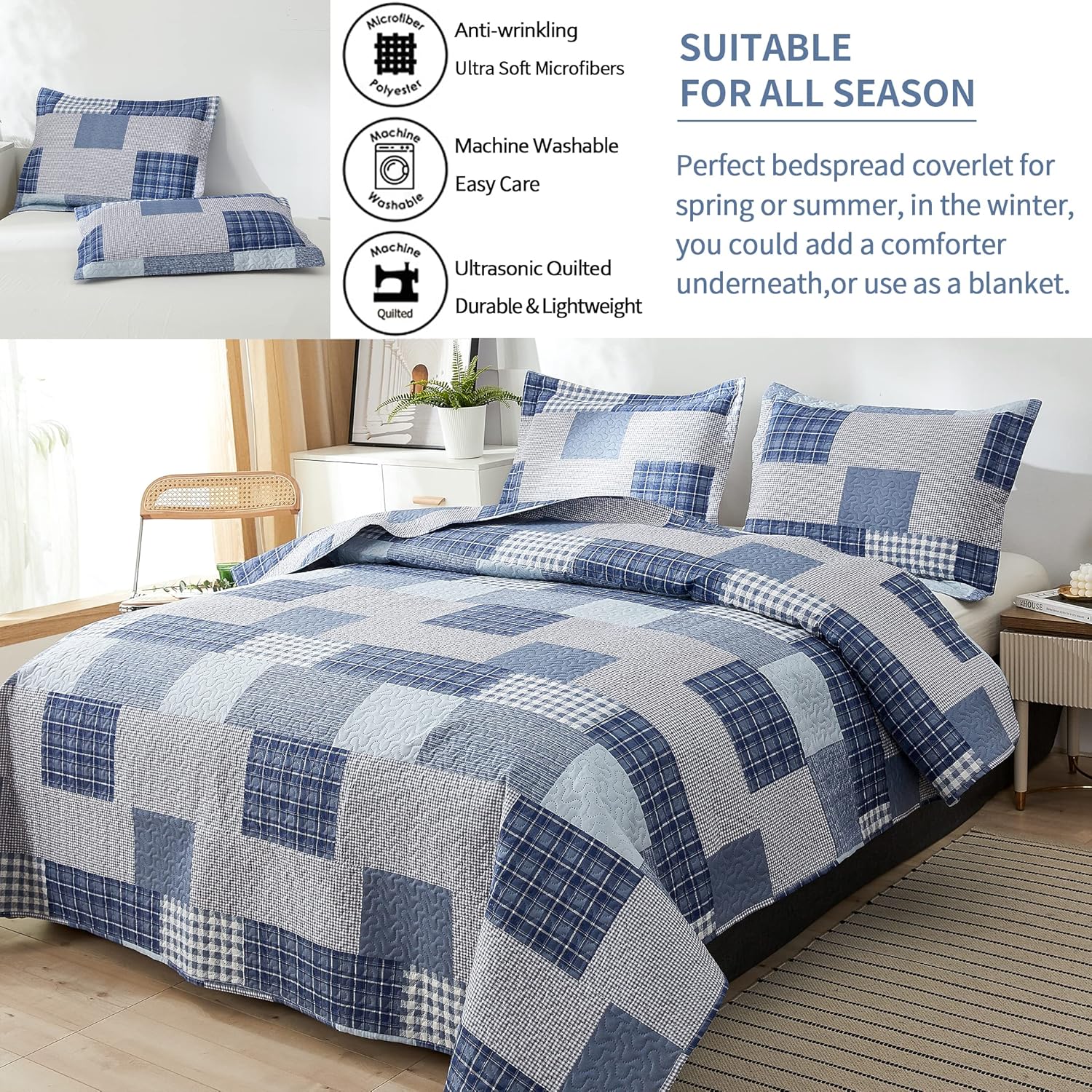 Jessy Home King Size Plaid Quilt Bedding Set