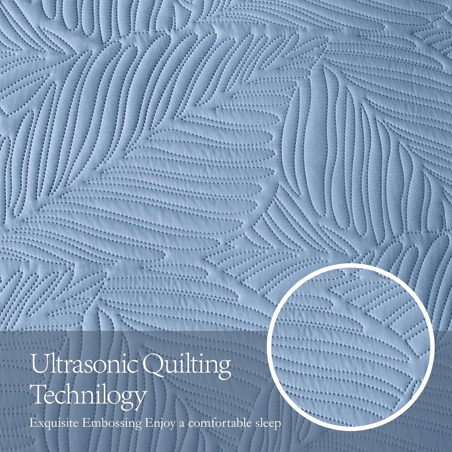 OARAGE Queen Quilt Set Soft Lightweight Bluish Grey with Leaf Pattern