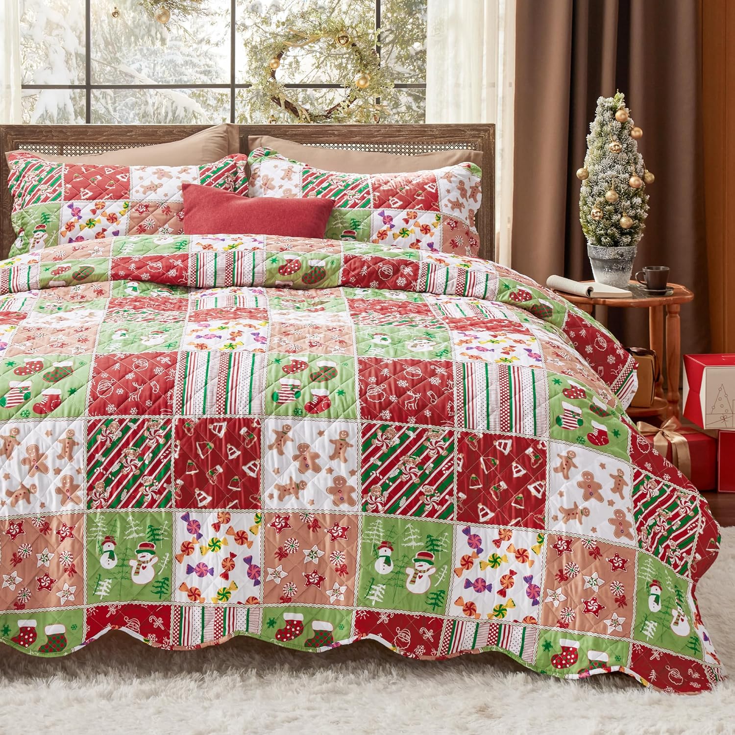 Bedsure Christmas Quilt Set King - Red and Multicolor