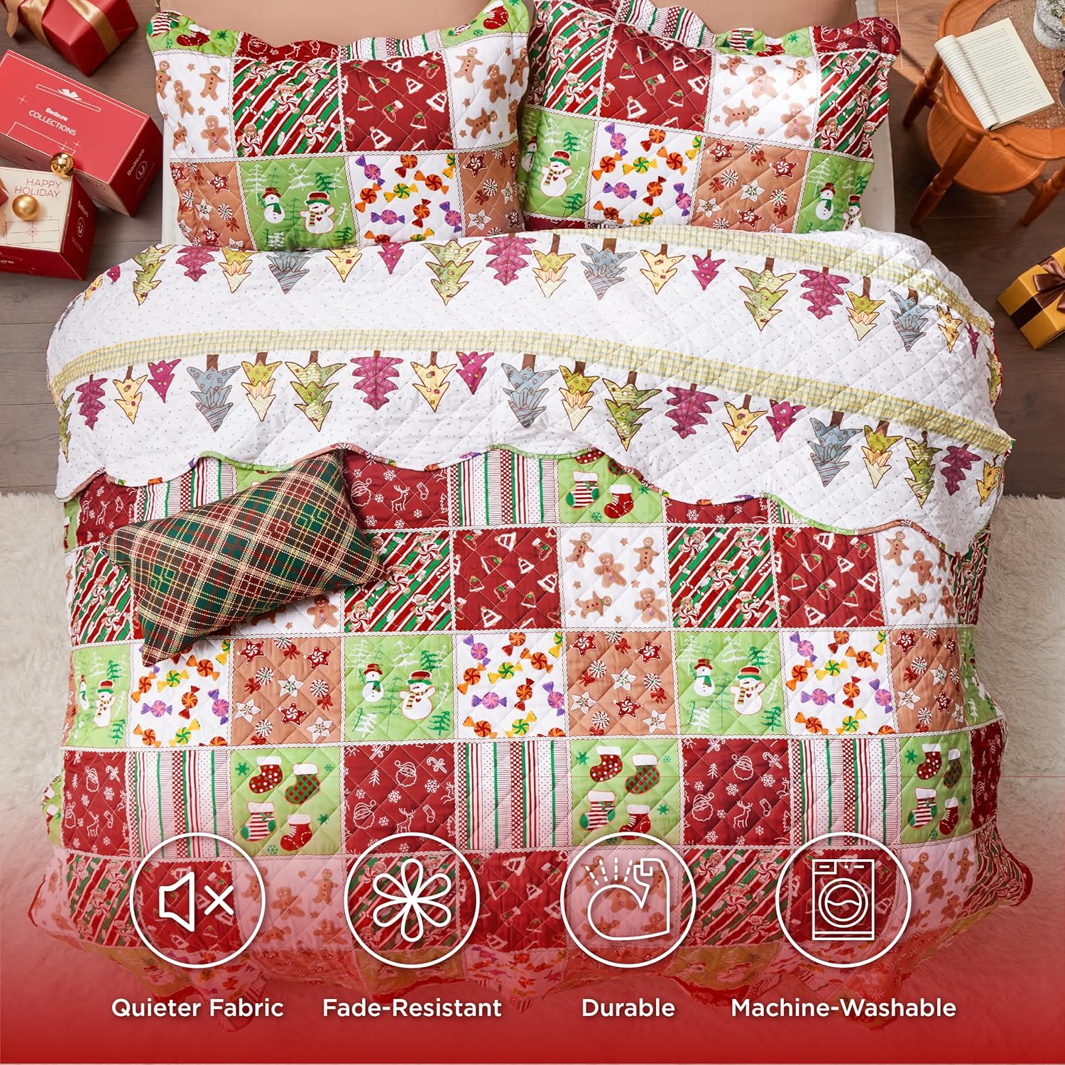 Bedsure Christmas Quilt Set King - Red and Multicolor