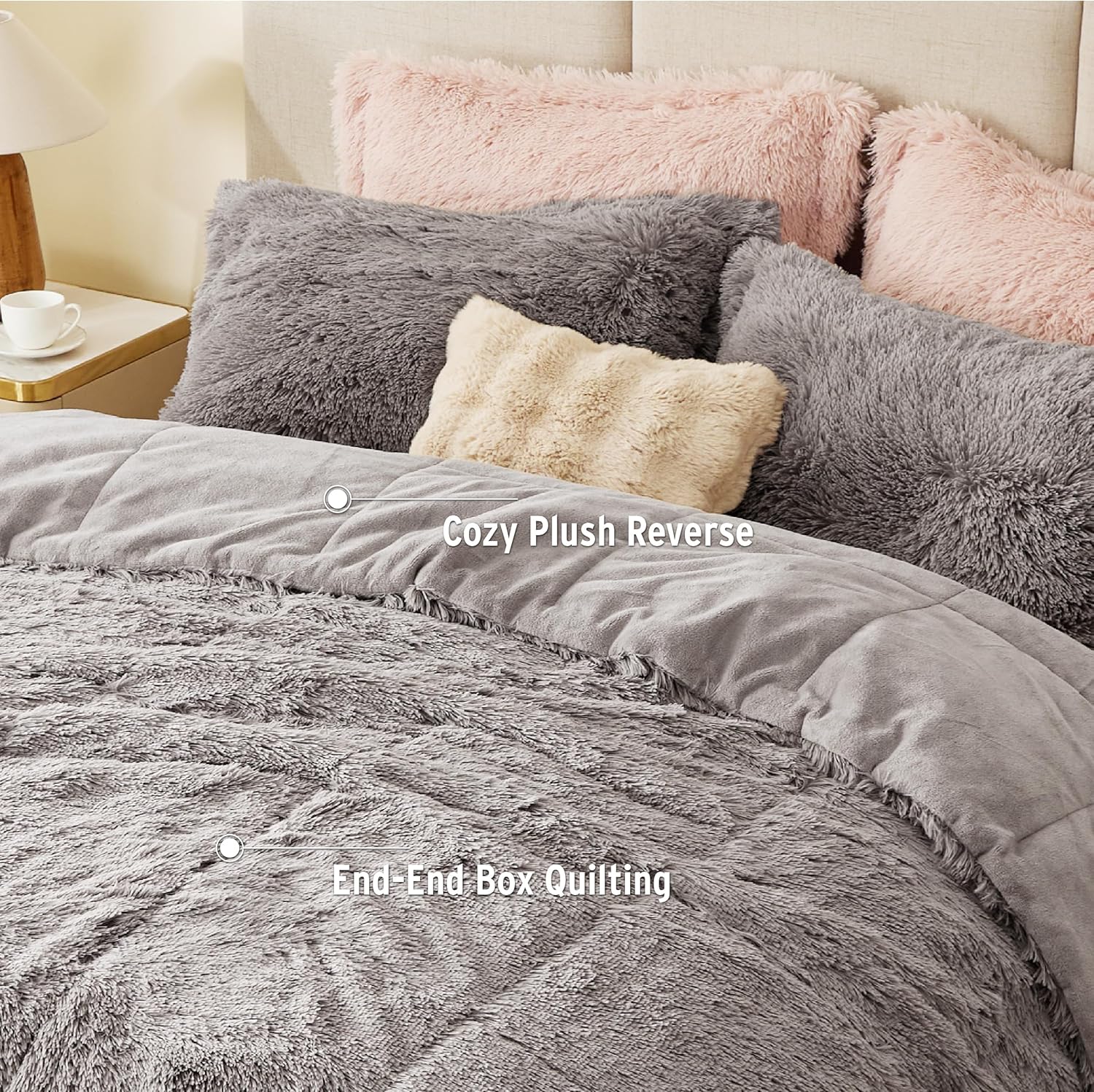 Intelligent Design Shaggy Comforter Set Faux Fur Down Alternative Grey 3 Piece
