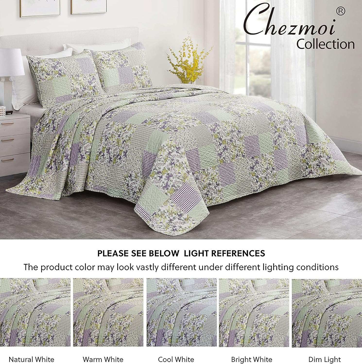 Chezmoi Collection Daisy 3-Piece Quilt Set - Purple Butterfly Botanical Design