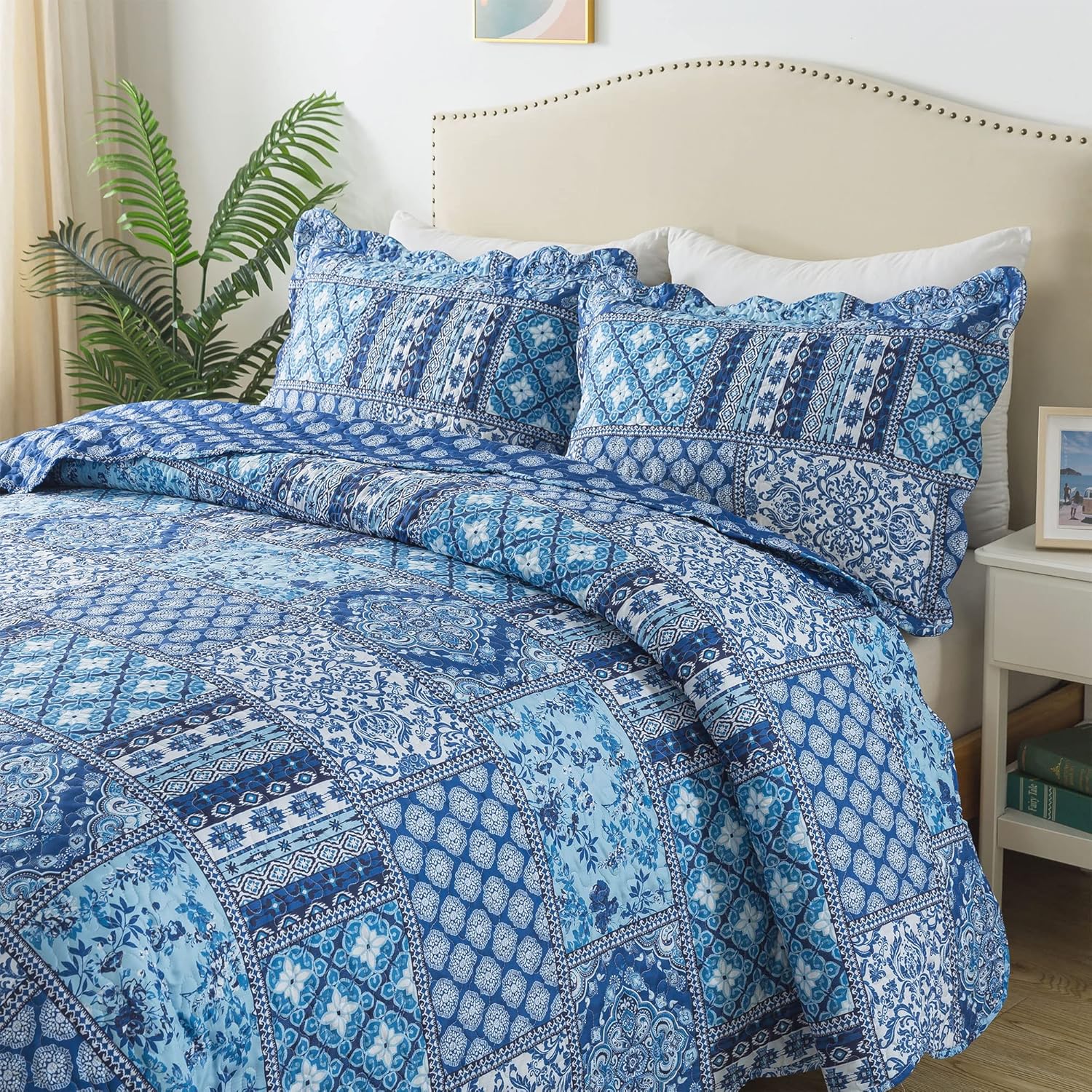 HoneiLife King Quilt Set - 3 Piece Blue Floral Bedding