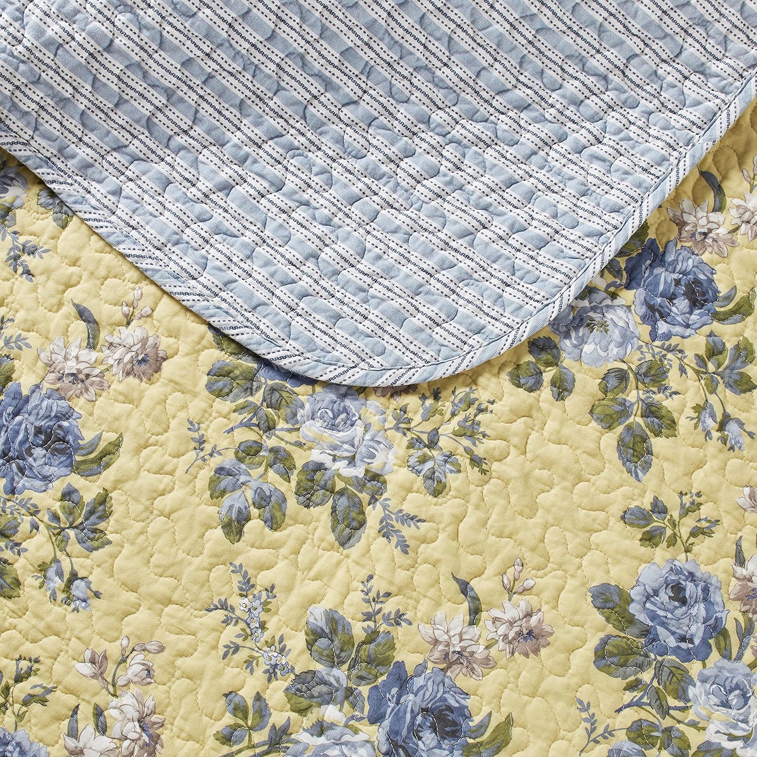Laura Ashley Twin Quilt Set - Linley Yellow Reversible Cotton Bedding with Matching Sham