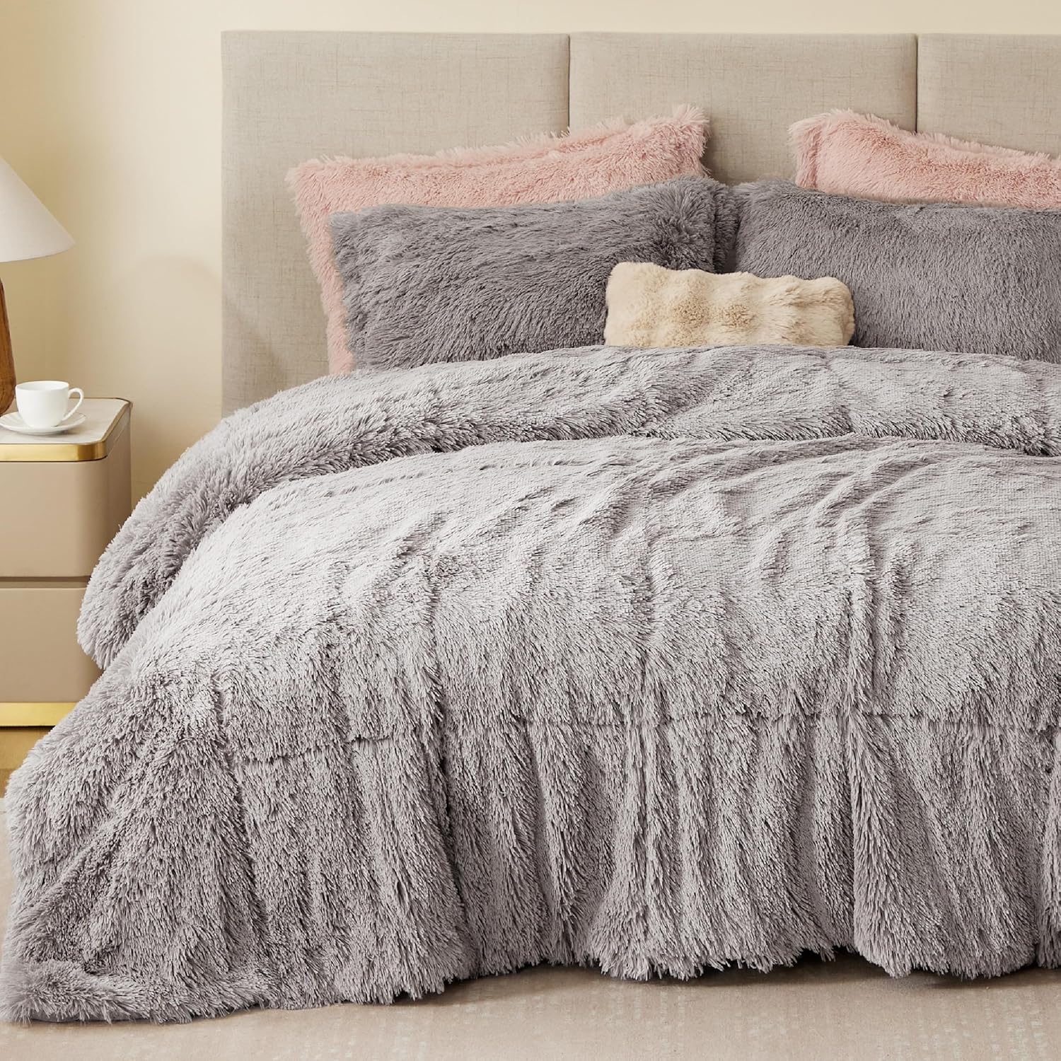 Intelligent Design Shaggy Comforter Set Faux Fur Down Alternative Grey 3 Piece