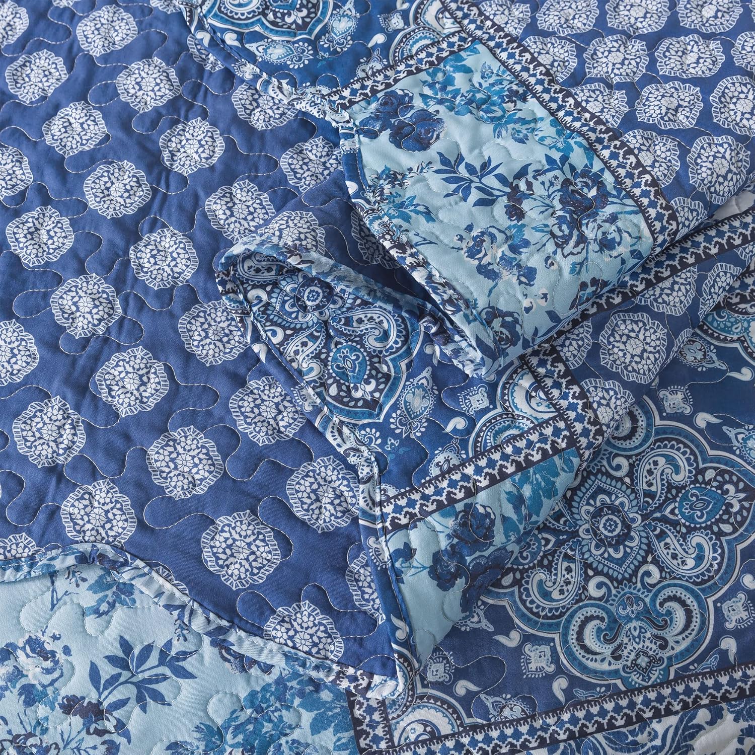 HoneiLife King Quilt Set - 3 Piece Blue Floral Bedding